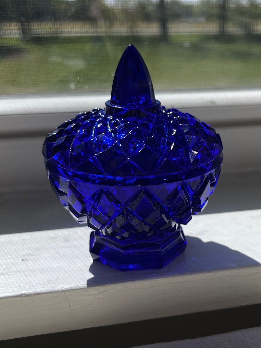 Cobalt Blue Cut Glass Candy Dish with Lid